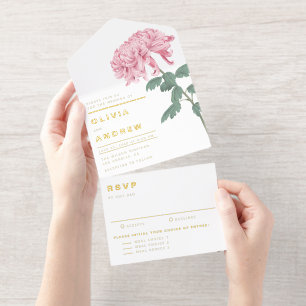 Tout En Un Invitation Mariage Botanique aux Chrysanthèmes Roses