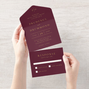 Tout En Un Invitation Mariage Classique Élégant Bourgogne Profond