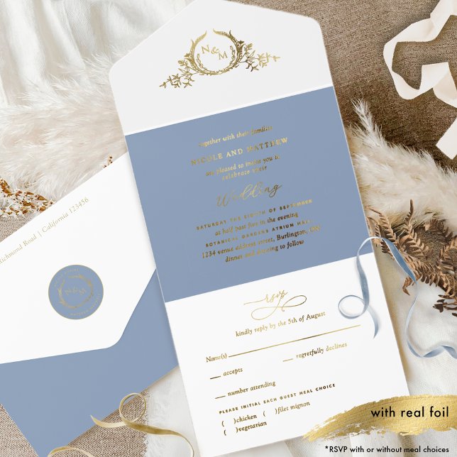 Tout En Un Invitation Mariage de monogramme Dusty Blue et Real Gold Foil (Créateur téléchargé)