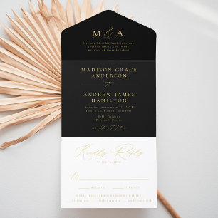 Tout En Un Invitation Mariage de monogramme moderne Black et Gold Foil