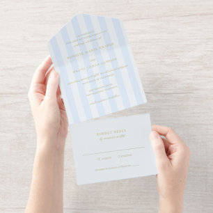 Tout En Un Invitation Mariage élégant aux rayures bleues modernes