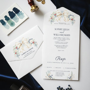 Tout En Un Invitation Mariage Floral Crème d'Hiver Nœud Poussiéreux Bleu