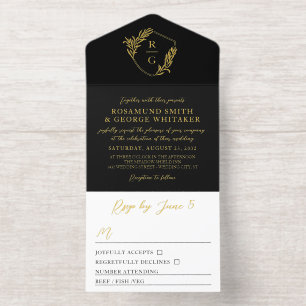 Tout En Un Invitation Mariage Monogramme Bouclier Orné de Feuille d'Or N