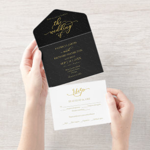 Tout En Un Invitation Mariage Noir Calligraphie Or Élégant