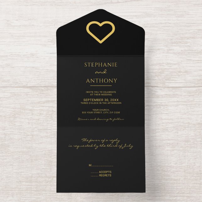 Tout En Un Invitation Minimaliste Coeur noir et or Mariage moderne (Intérieur)
