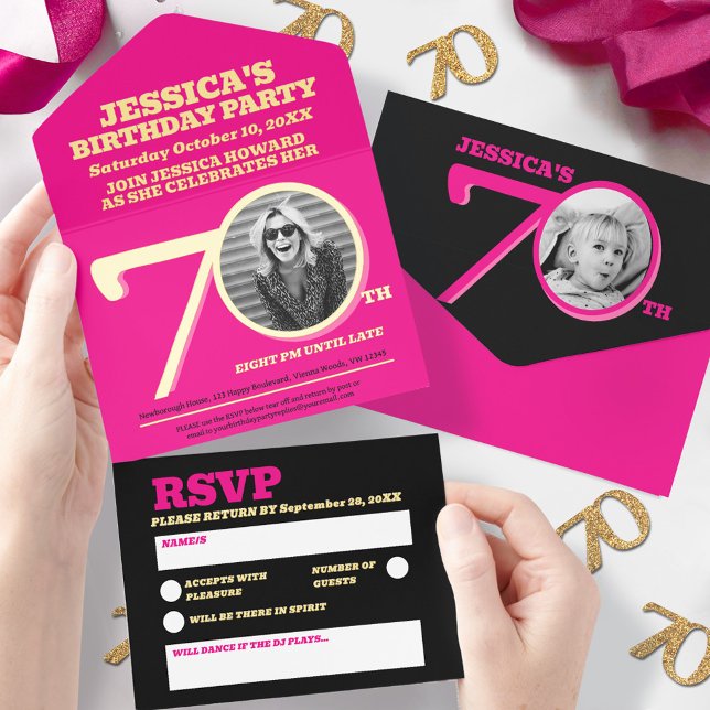Tout En Un Invitation  Modern pink foil two photos 70th Birthday (Créateur téléchargé)
