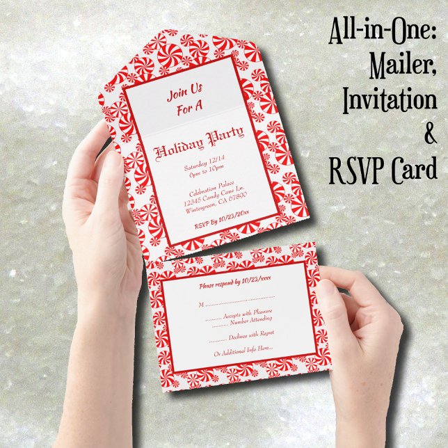 Tout En Un Invitation modifiable rouge et blanc à motif de bo (Peppermint Candy Pattern Editable Invitation, mailer and RSVP card)