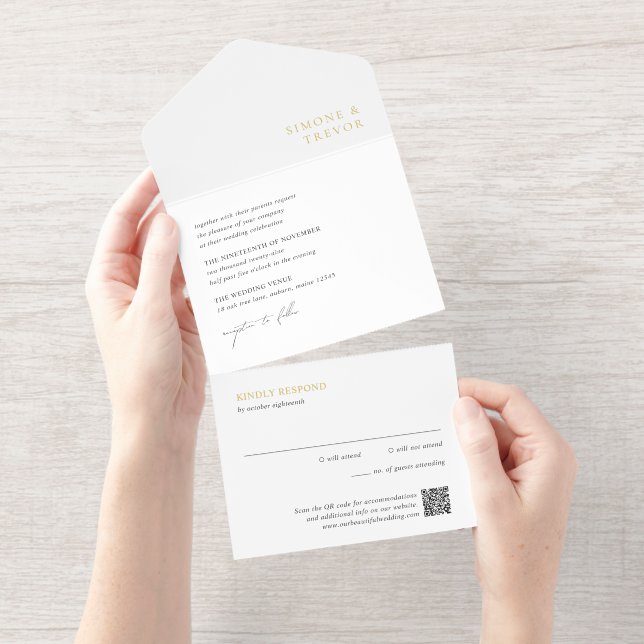 Tout En Un Invitation Nettoyer noir et blanc QR Code moderne Mariage (Détachable)