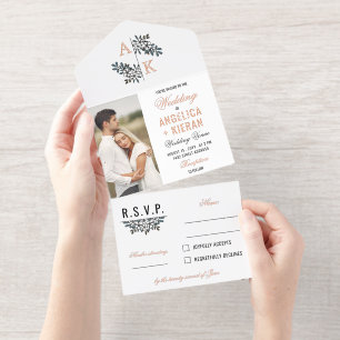 Tout En Un Invitation Or Rose Gold Blanc Fleurs Monogramme Photos Mariag