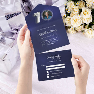 Tout En Un Invitation photo argent bleu marine pour 70e anniv