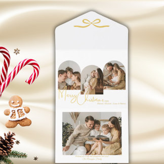 Tout En Un Invitation Photo de famille Or Blanc Élégant Noël Arche Nœud