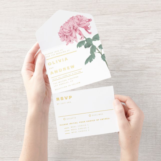 Tout En Un Invitation Pink Chrysanthemum Botanical Wedding (Détachable)