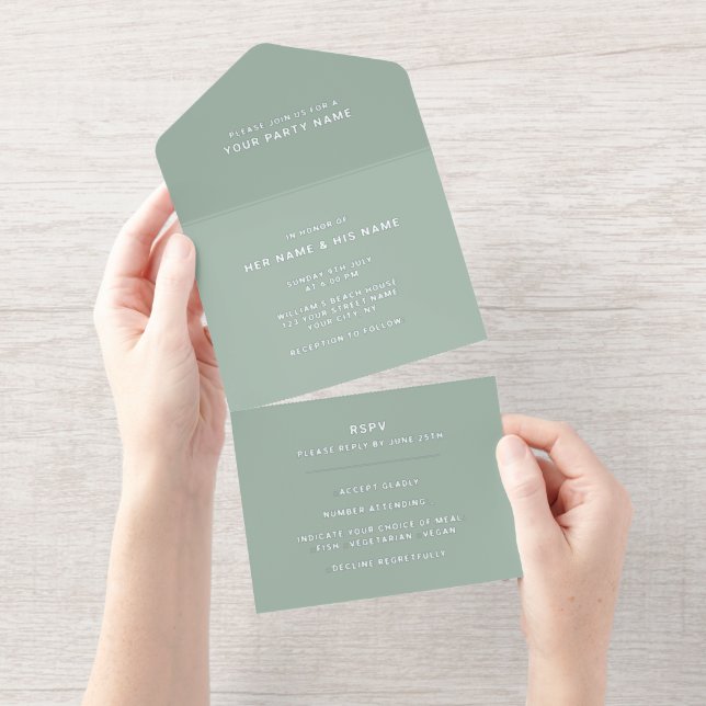 Tout En Un Invitation Sage White | Élégant Moderne Minimaliste Feuille D (Détachable)