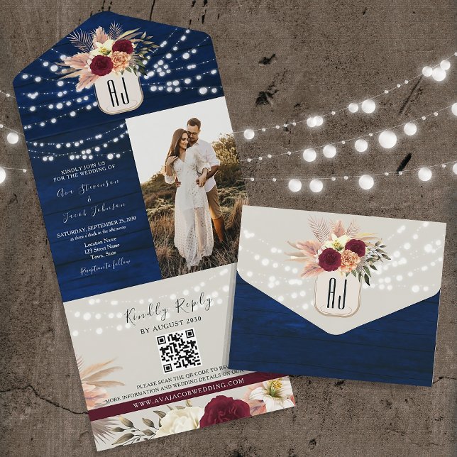Tout En Un Invitation tout-en-un code QR Navy rustique (Créateur téléchargé)