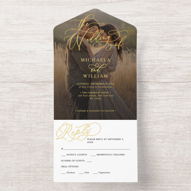 Tout En Un Invitation *VRAI FOIL* Élégant Mariage photo de script (Intérieur)
