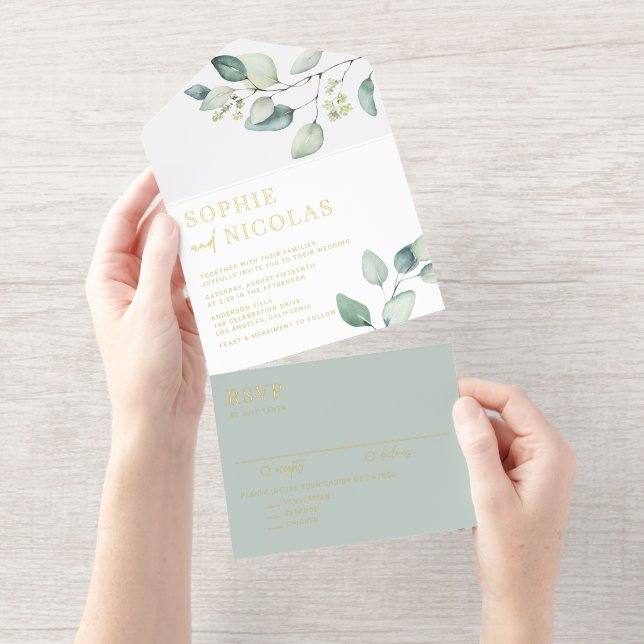 Tout En Un Invitation Watercolor Sage Green Eucalyptus Wedding (Détachable)