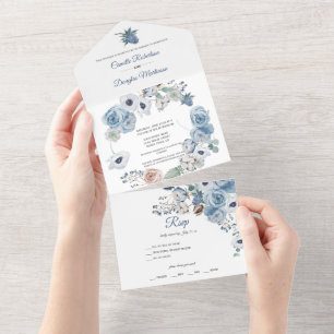 Tout En Un Mariage aux fleurs bleu poussière   Invitation tou