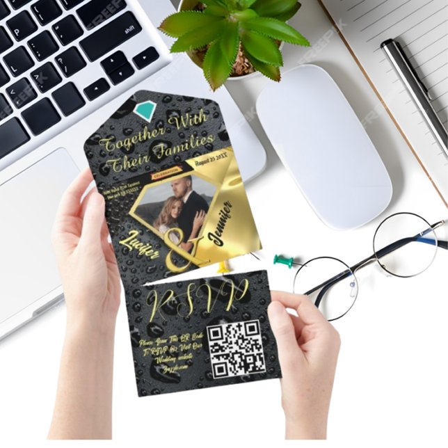 Tout En Un Mariage noir Diamond Or moderne Invitation (Créateur téléchargé)