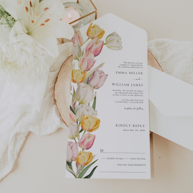 Tout En Un Tulip All in One Wedding Invitation (Watercolor Tulip All in One Wedding Invite by Painted Paperie
)