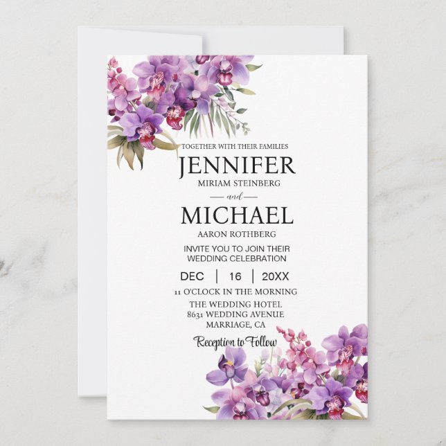 Tout en un violet Orchidées Invitations de mariage (Devant)