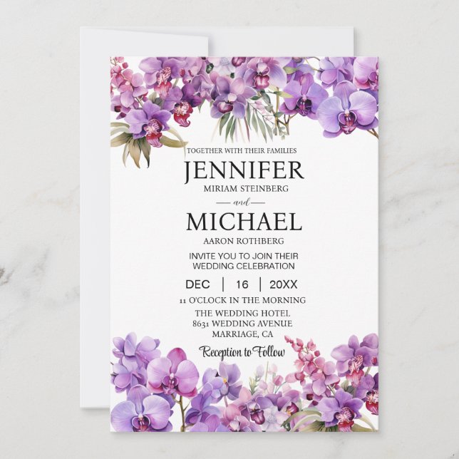 Tout en un violet Orchidées Invitations de mariage (Devant)
