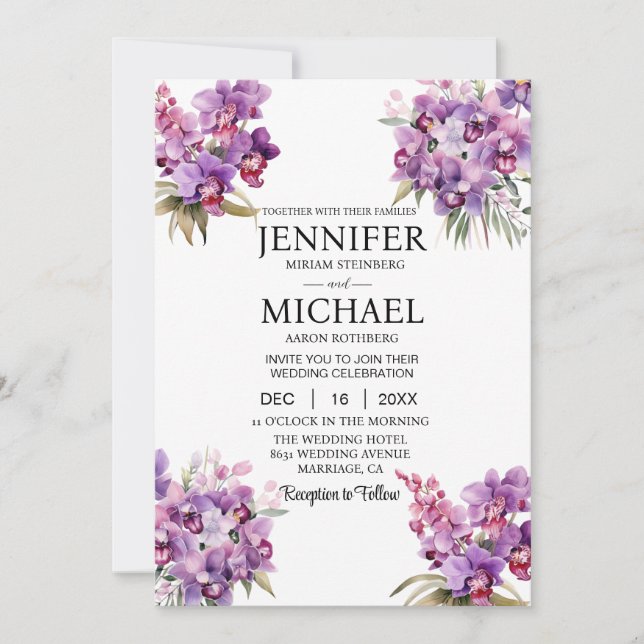 Tout en un violet Orchidées Invitations de mariage (Devant)