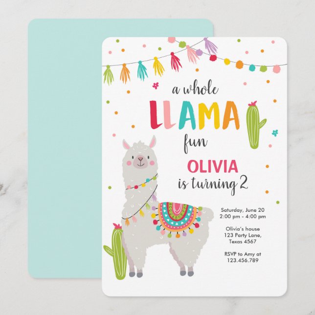 Toute la llama amusant invitation anniversaire Alp (Devant / Derrière)