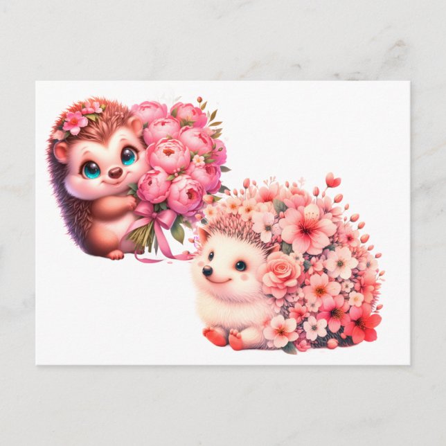  Tow cuteRomantic Floral Hedgehog Duo Illustration Postkarte (Vorderseite)