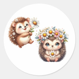  Tow cuteRomantic Floral Hedgehog Duo Illustration Runder Aufkleber