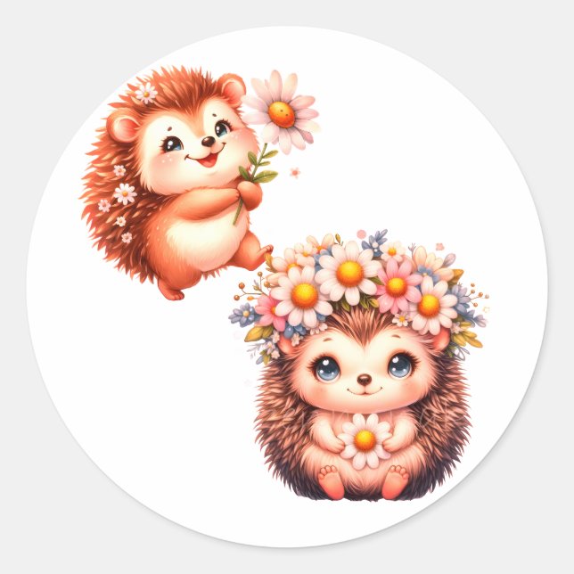  Tow cuteRomantic Floral Hedgehog Duo Illustration Runder Aufkleber (Vorderseite)