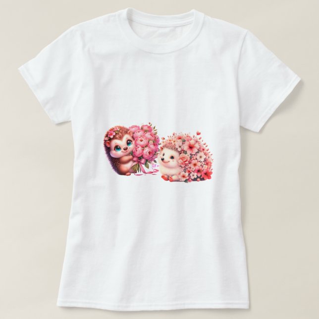  Tow cuteRomantic Floral Hedgehog Duo Illustration T-Shirt (Design vorne)