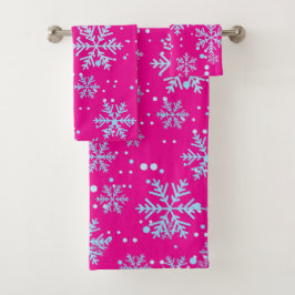 Towel Set, Bright Fuchsia Snowflakes Badhandtuch Set