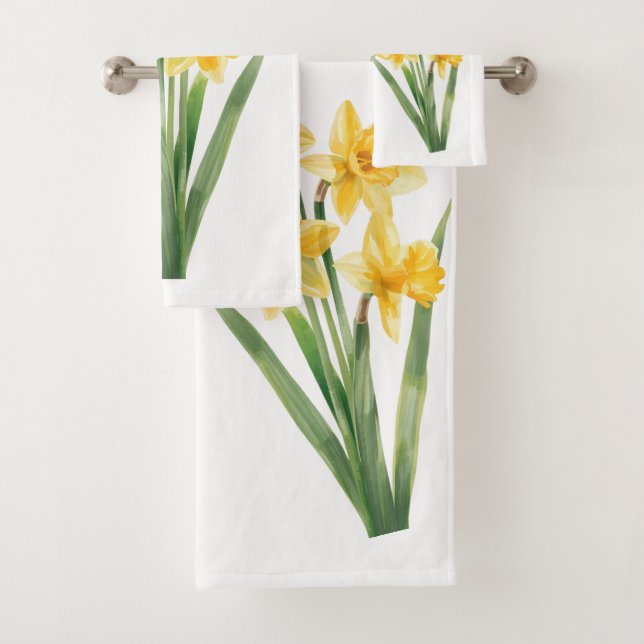 Towels with Spring Daffodils, Yellow Floral Design Badhandtuch Set (Insitu)