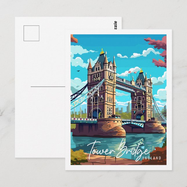 Tower Bridge England Vintage Illustration Postkarte (Vorne/Hinten)