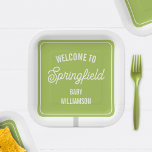 Town Welcome Sign Green Baby Dusche Pappteller<br><div class="desc">Darstellung eines grünen Begrüßungszeichens. Personalisieren Sie mit dem Namen Ihrer Stadt und dem Namen Ihres Babys.</div>
