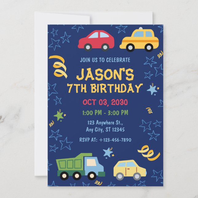 Toy Cars Blue Anniversaire Fête Invitation (Devant)