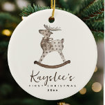 Toy Reindeer Baby First Christmas Ceramic Ornament<br><div class="desc">Toy Reindeer Baby's First Christmas Ceramic Ornament — The precious personalized xmas ornament template features an adorable watercolor toy reindeer rocking horse. The text boxes allow for easy customization of any baby's name in a handwritten calligraphy script font, and birth year in a simple, minimalist sans serif. Both sides of...</div>