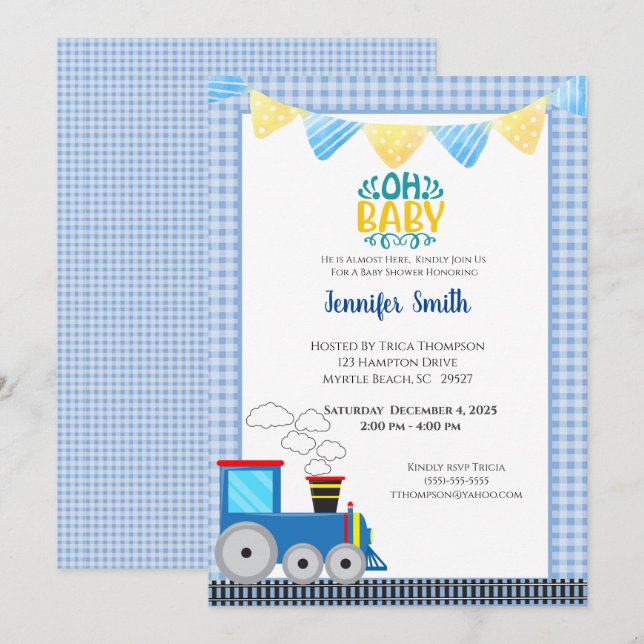 Toy Train Boys Baby shower bleu Invitation (Devant / Derrière)