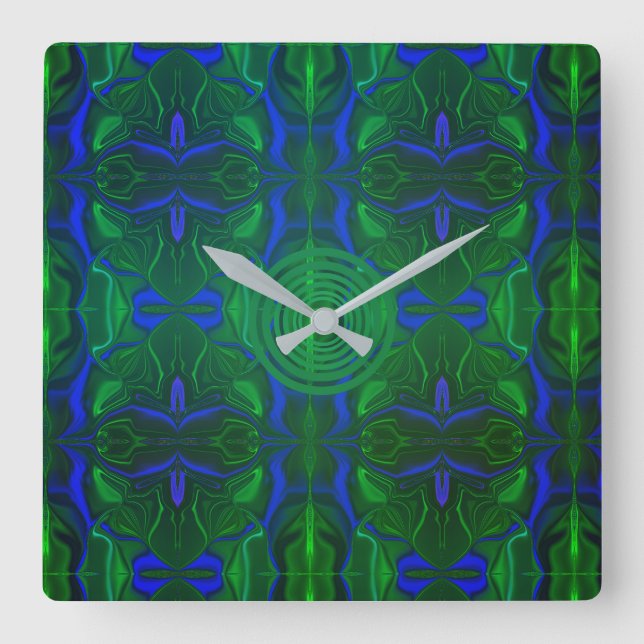 Traços azuis 'flutuando' sobre fundo verde. quadratische wanduhr (Vorderseite)