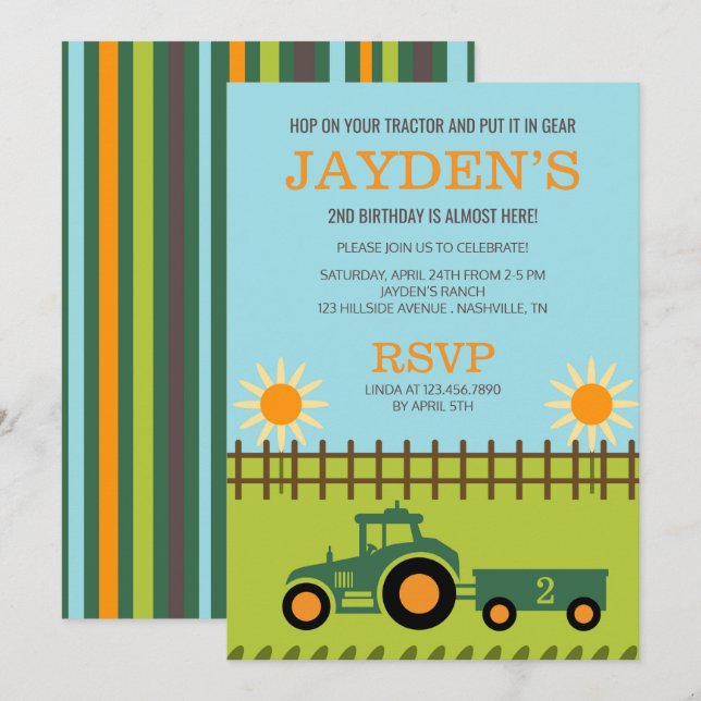 Tracteur / Fête d'anniversaire de ferme Invitation (Devant / Derrière)