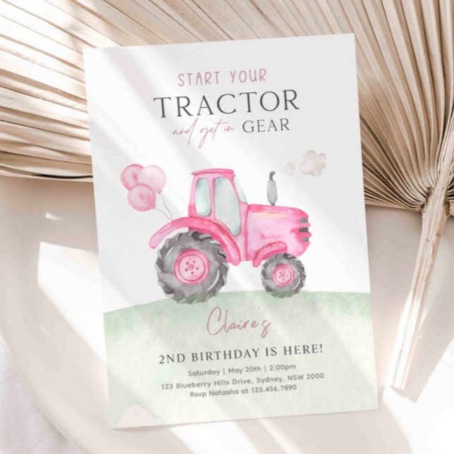 Tracteur rose et ballons Invitation de fête d'anni (Créateur téléchargé)