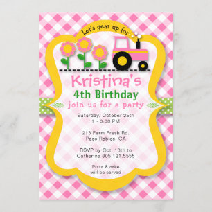 Tracteur rose Sunflower Girls Invitation de fête d
