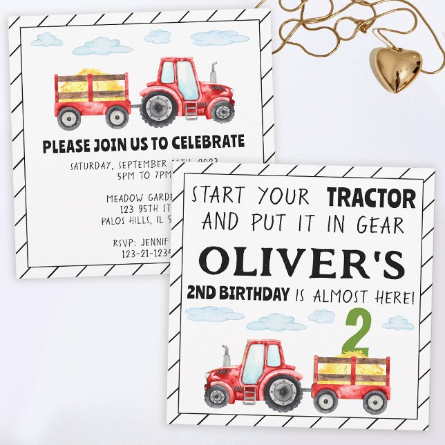 Tracteur rouge 2e anniversaire invitation garçon f (Créateur téléchargé)