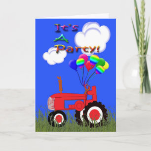 Tracteur rouge avec carte d'invitation à la fête d