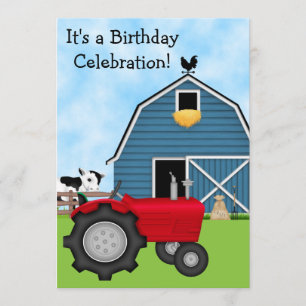 Tracteur rouge et grange bleue Invitation d'annive