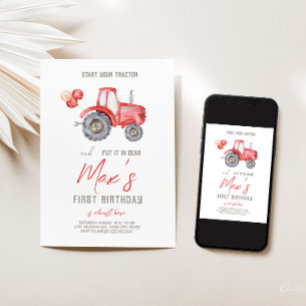 Tracteur rouge Thème Anniversaire Invitation