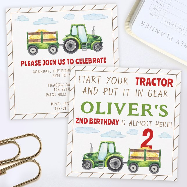 tracteur vert 1er 2ème anniversaire invitation gar (Créateur téléchargé)