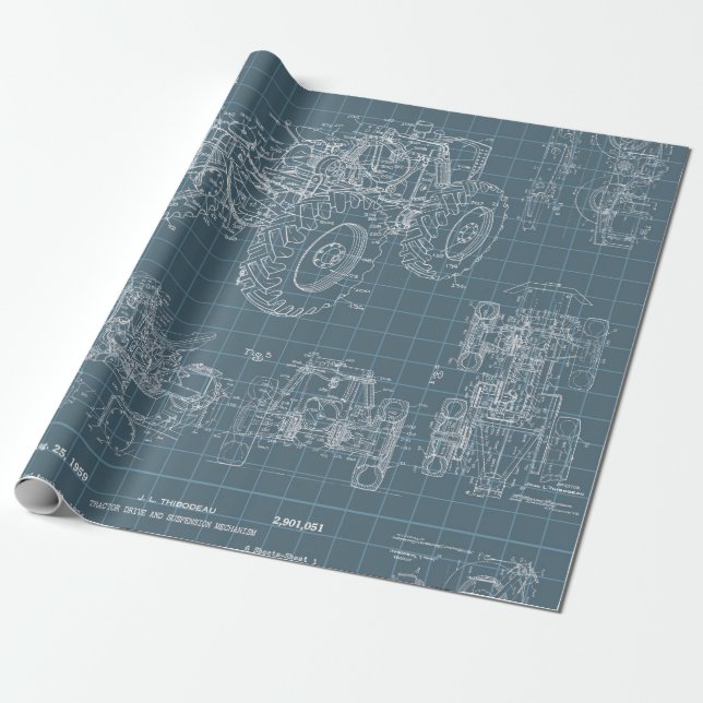 Tractor Blueprint Grau Hintergrund Geschenkpapier (Ungerollt)