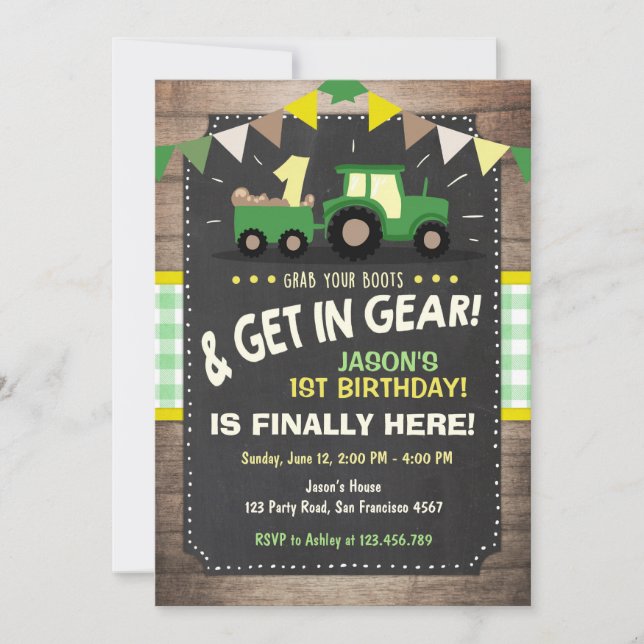 Tractor Geburtstagseinladung Farm Party Boy Green Einladung (Vorderseite)