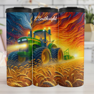 Tractor Harvest Fiery Wheat Field Thermosbecher